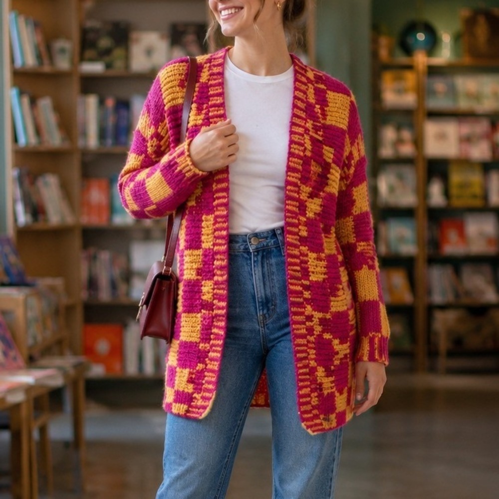 Pink Yellow Checkered Open Front Chunky Knit Cardigan Sweater Womens Size S
